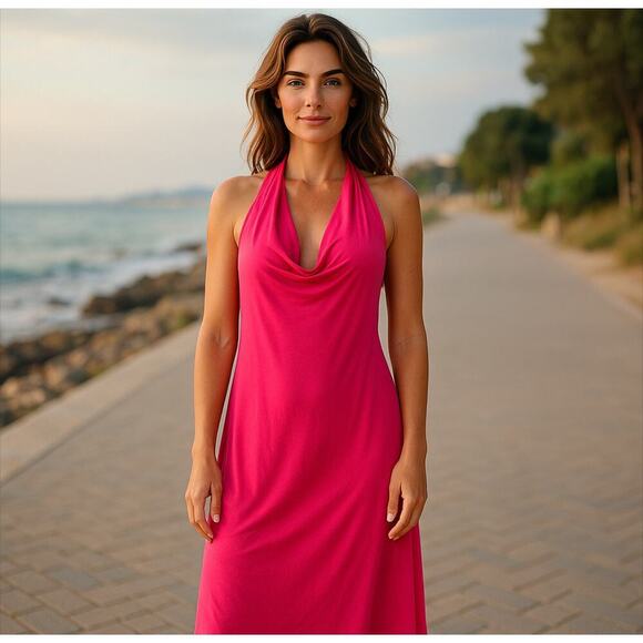 Sincerly Jules Dresses & Skirts - ☀️Sincerely Jules Hot Pink Halter Tie Neck Cowl Neck Slip Midi Dress Size L NWT